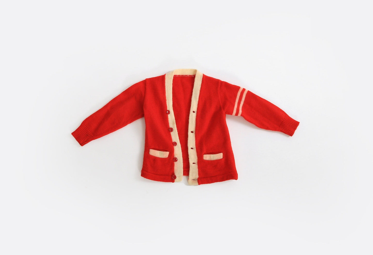 Vintage 40s Kids red wool Christmas sweater | 1940s Kids varsity knit wool cardigan