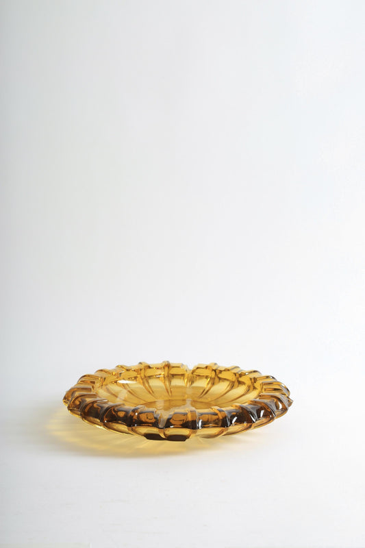 Vintage Blenko Moroccan Hazel Atlas Round Amber Glass Cigar Ashtray Catchall Dish