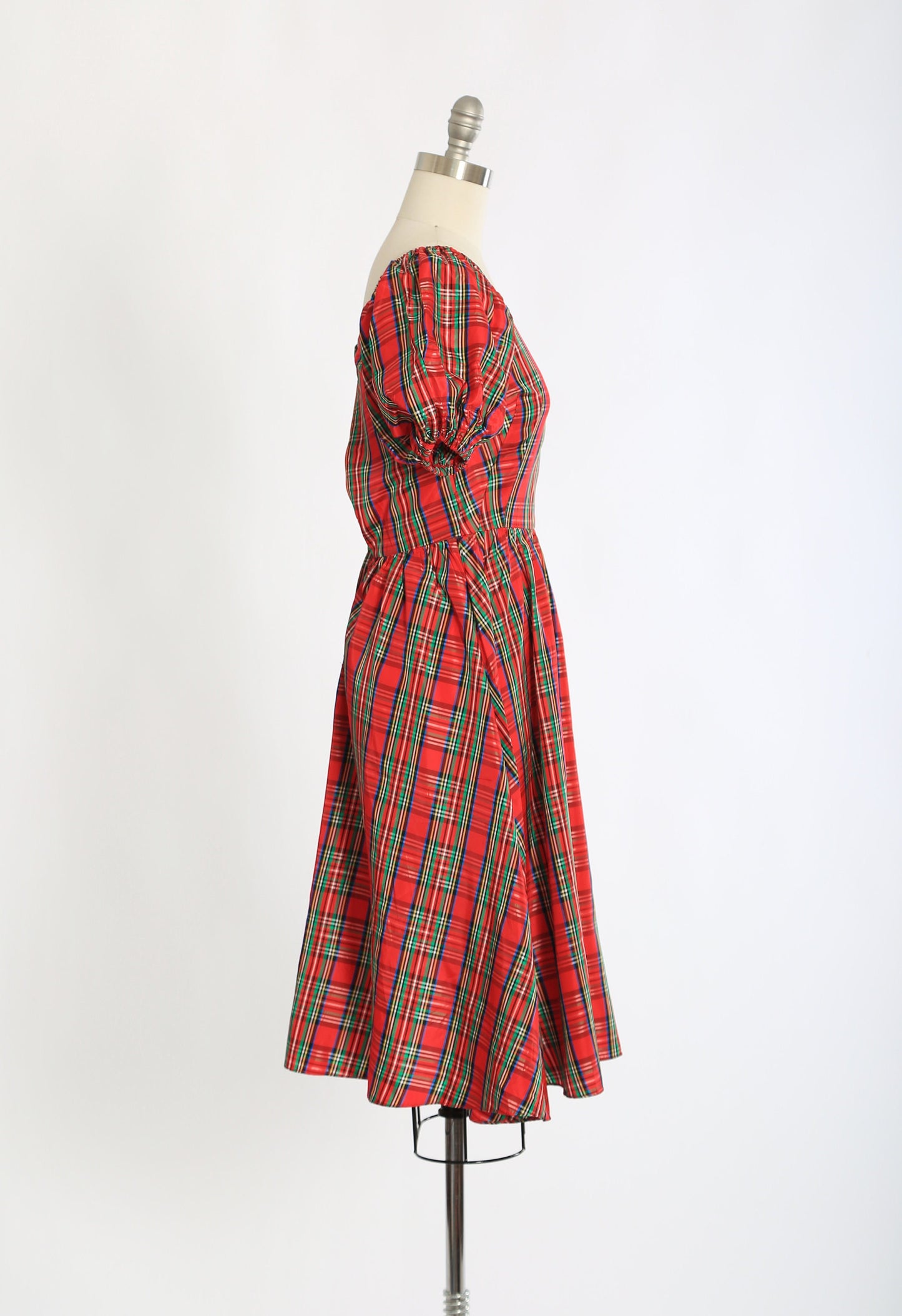 Vintage 80s Red plaid puff sleeve satin dress
