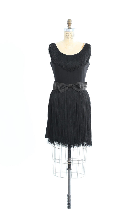 Vintage 60s Black BOW fringe mini dress