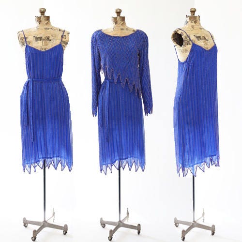 Vintage 70s blue beaded silk dress | 1970s 3pc beaded cocktail dress