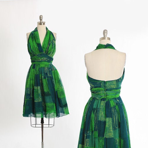 Vintage 50s green silk halter dress | 1950s Jon McCauley abstract silk dress