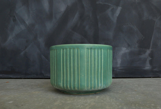 Vintage Mid Century Modern matte green ribbed California pottery ceramic planter pot