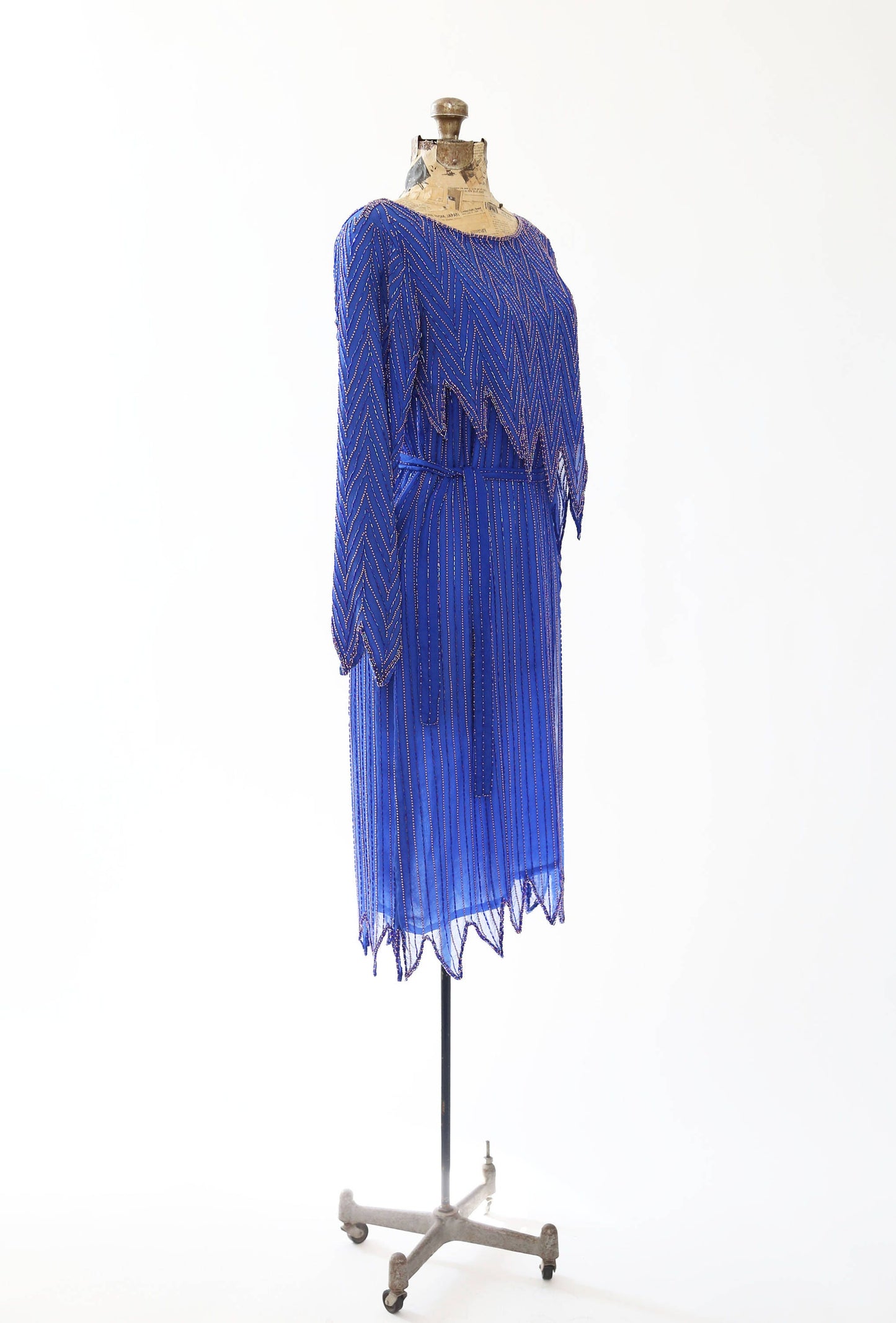 Vintage 70s blue beaded silk dress | 1970s 3pc beaded cocktail dress