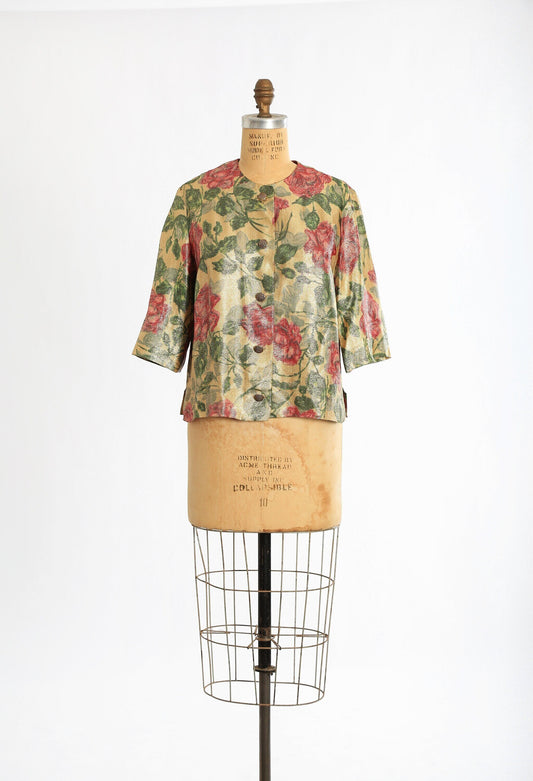 60s Gold Lurex jacket | Vintage 1960s Saks Fifth Avenue metallic gold rose cropped jacket