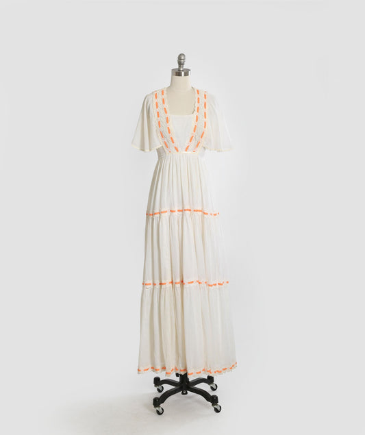 Vintage 70s white cotton Swiss got orange maxi dress