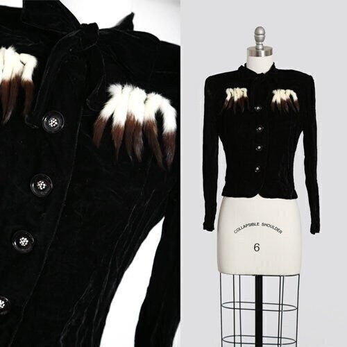 40s Mink fur velvet jacket | Vintage 1940s black velvet mink fur tails blazer
