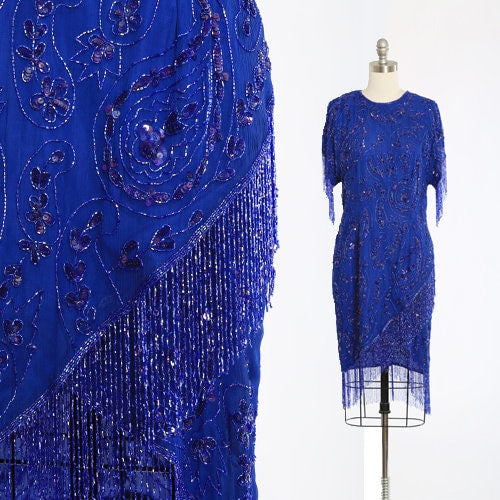 vintage 80s Blue fringe beaded sequin floral paisley silk dress