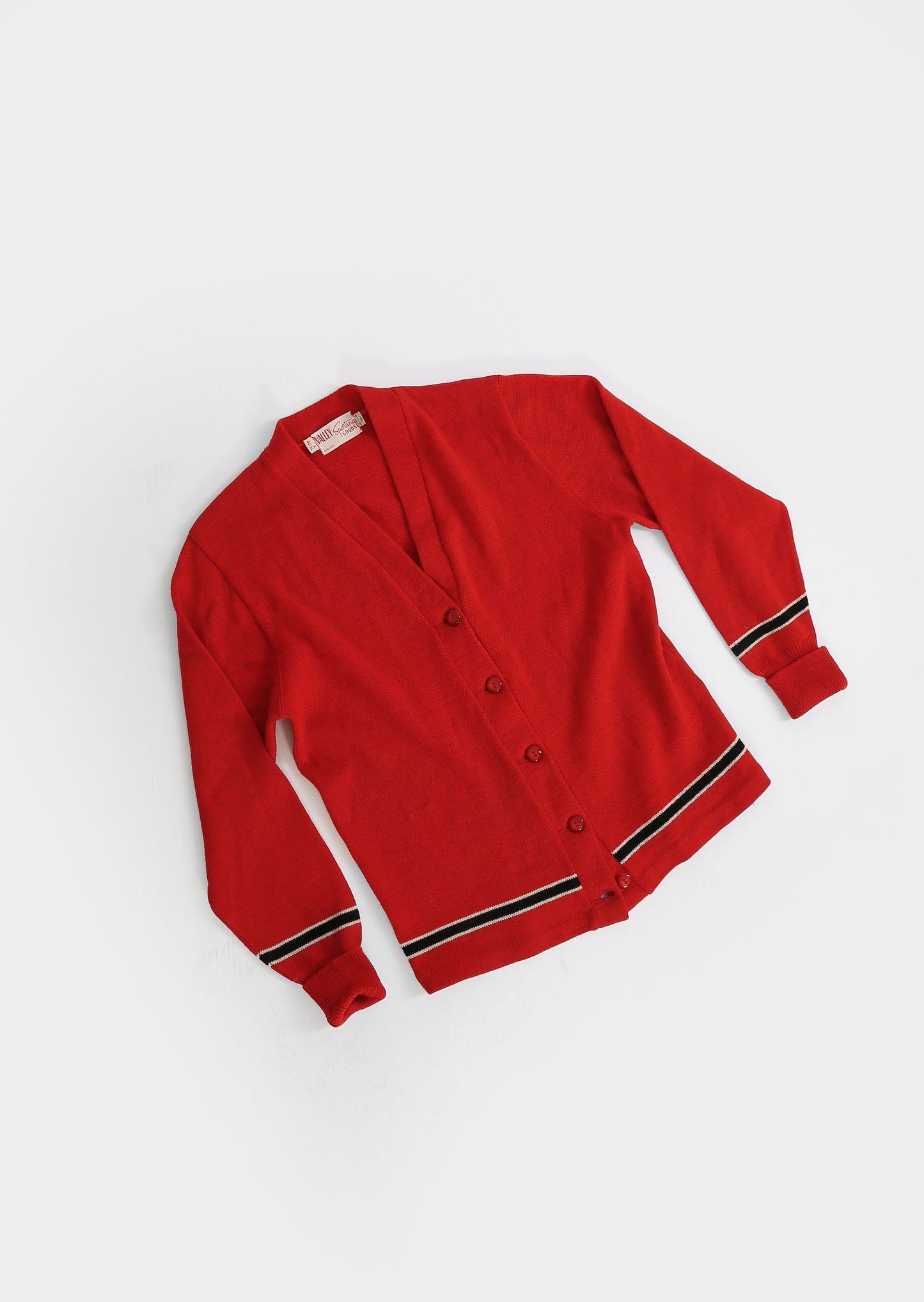Vintage 50s red striped knit wool cardigan Varsity sweater