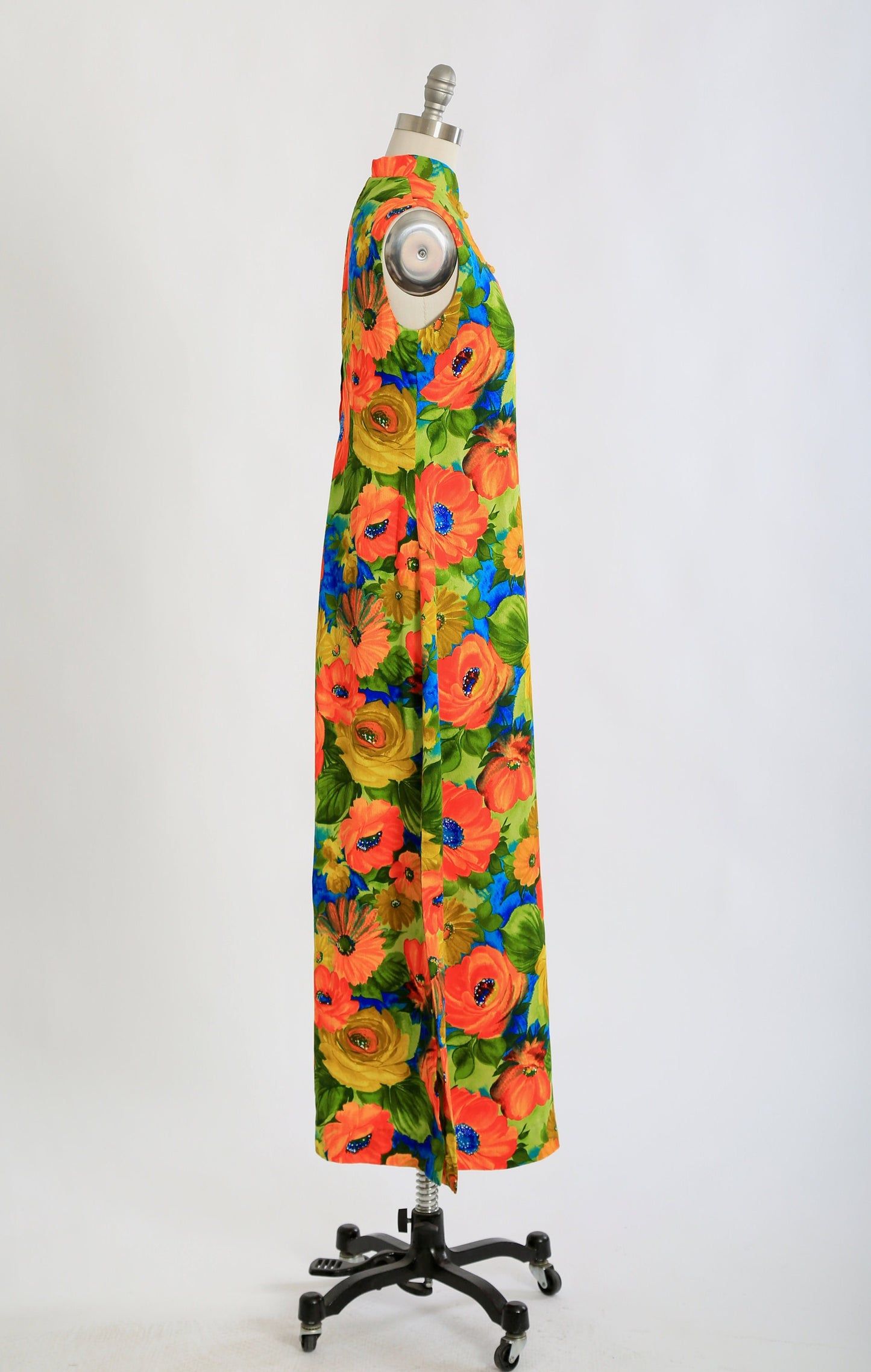 Vintage 1960s 70s Neon floral barkcloth maxi dress