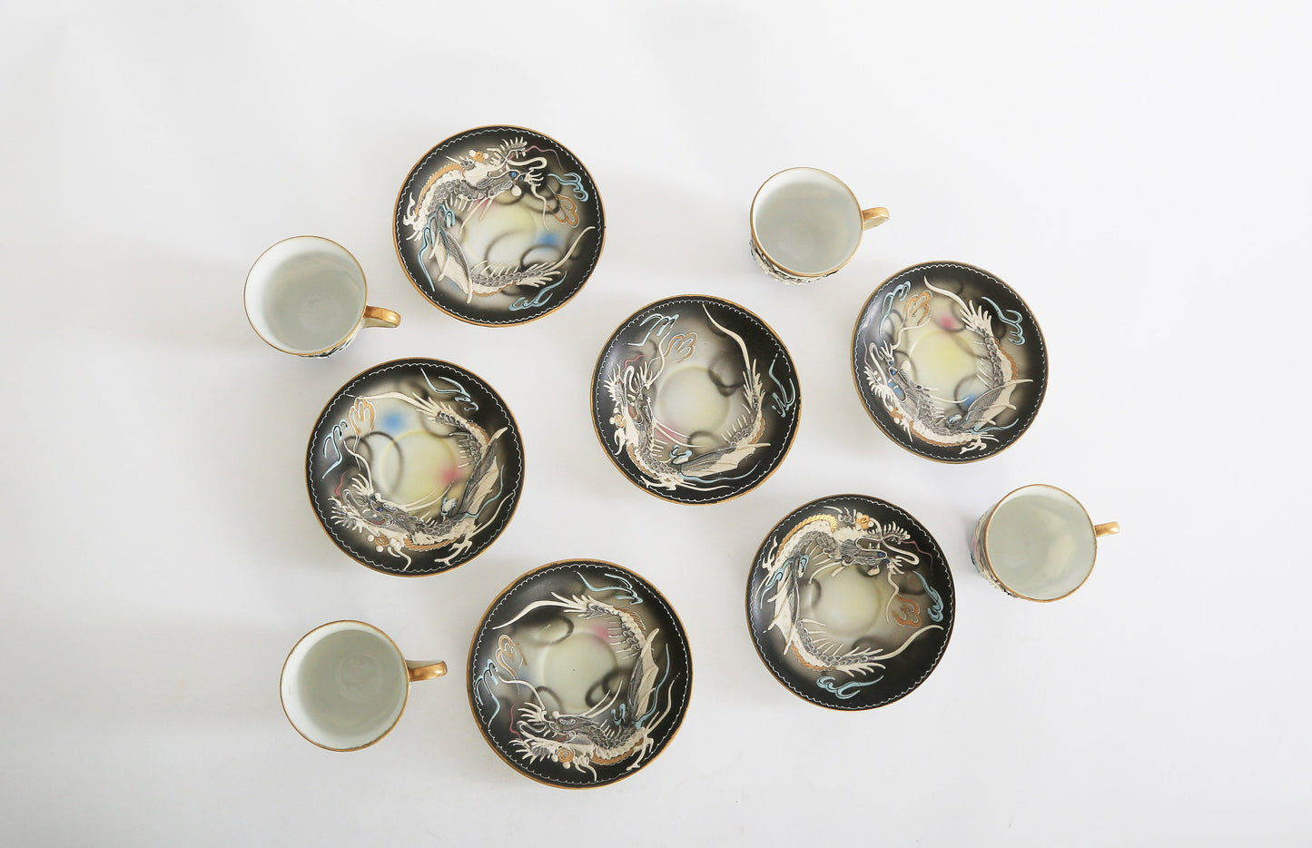 Antique Vintage 1940s 3D dragon hand painted Tea + Coffee set Japan