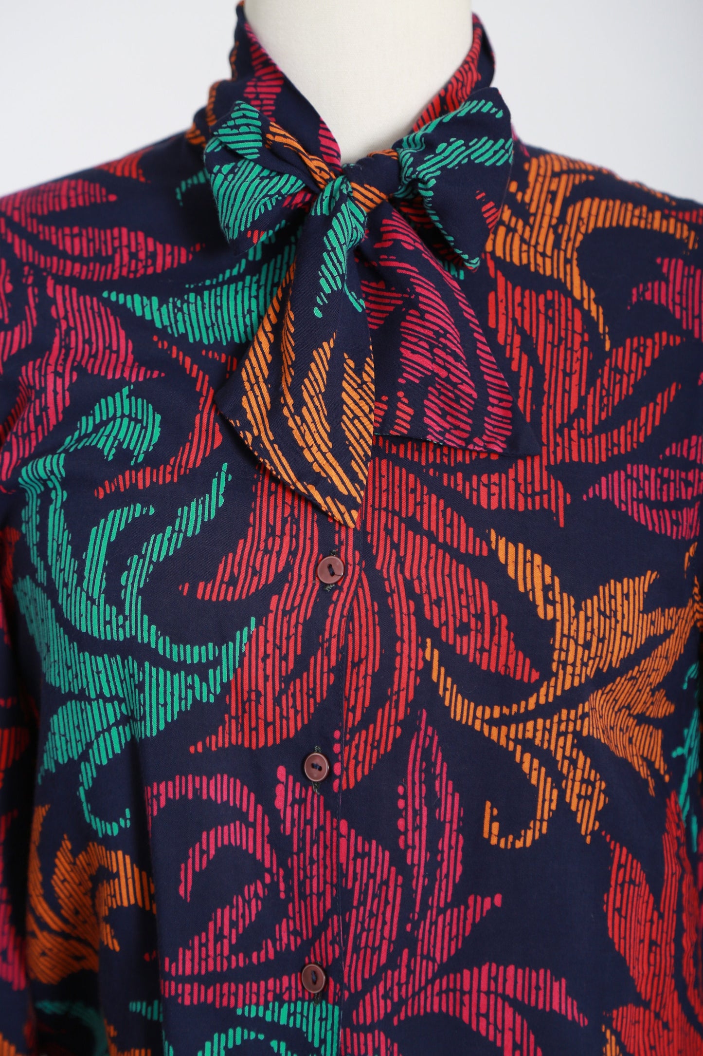 Vintage 80s rayon rainbow leaf ascot bow blouse
