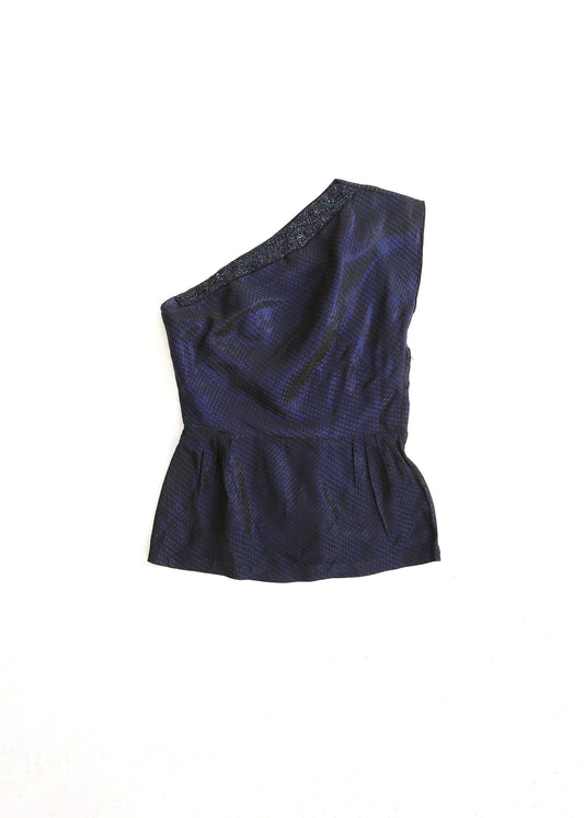 Vintage 1950s blue taffeta beaded one shoulder blouse