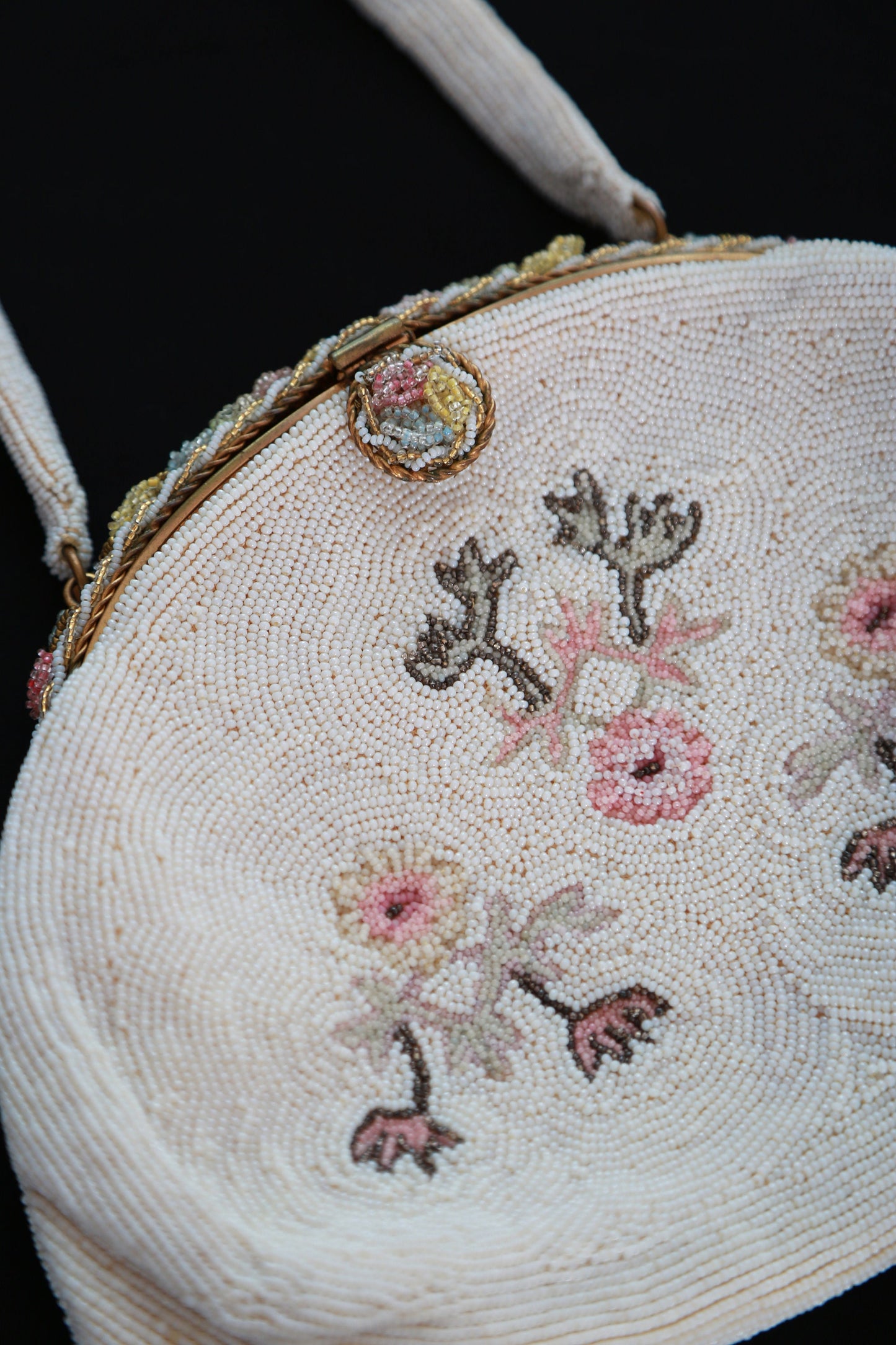 Antique vintage 1930s French micro glass hand beaded floral enameled purse