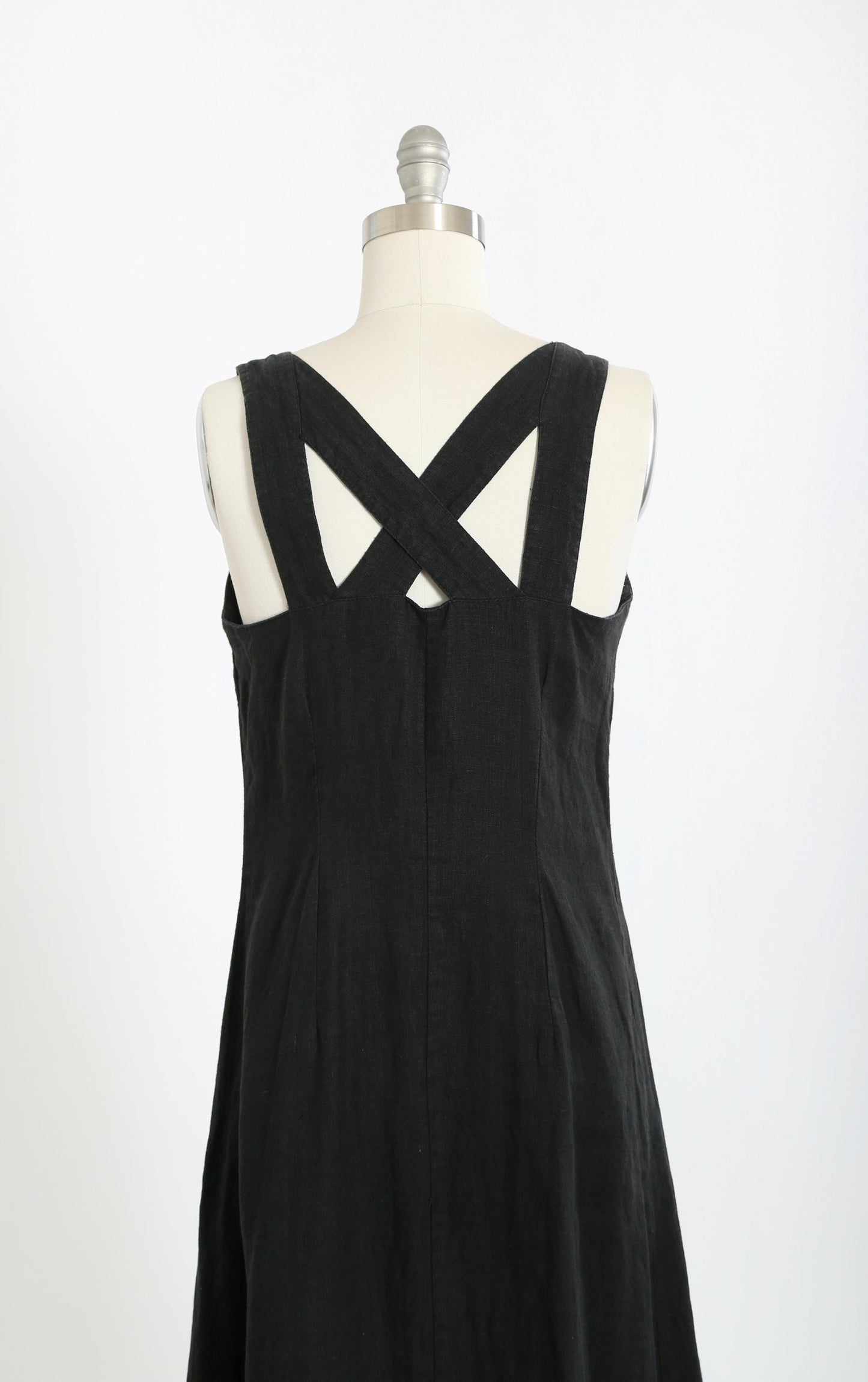 Vintage 90s black linen strappy back maxi dress