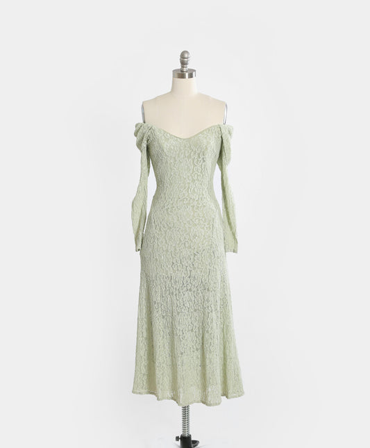 Vintage 90s Mint green floral lace off the shoulder bodycon maxi dress