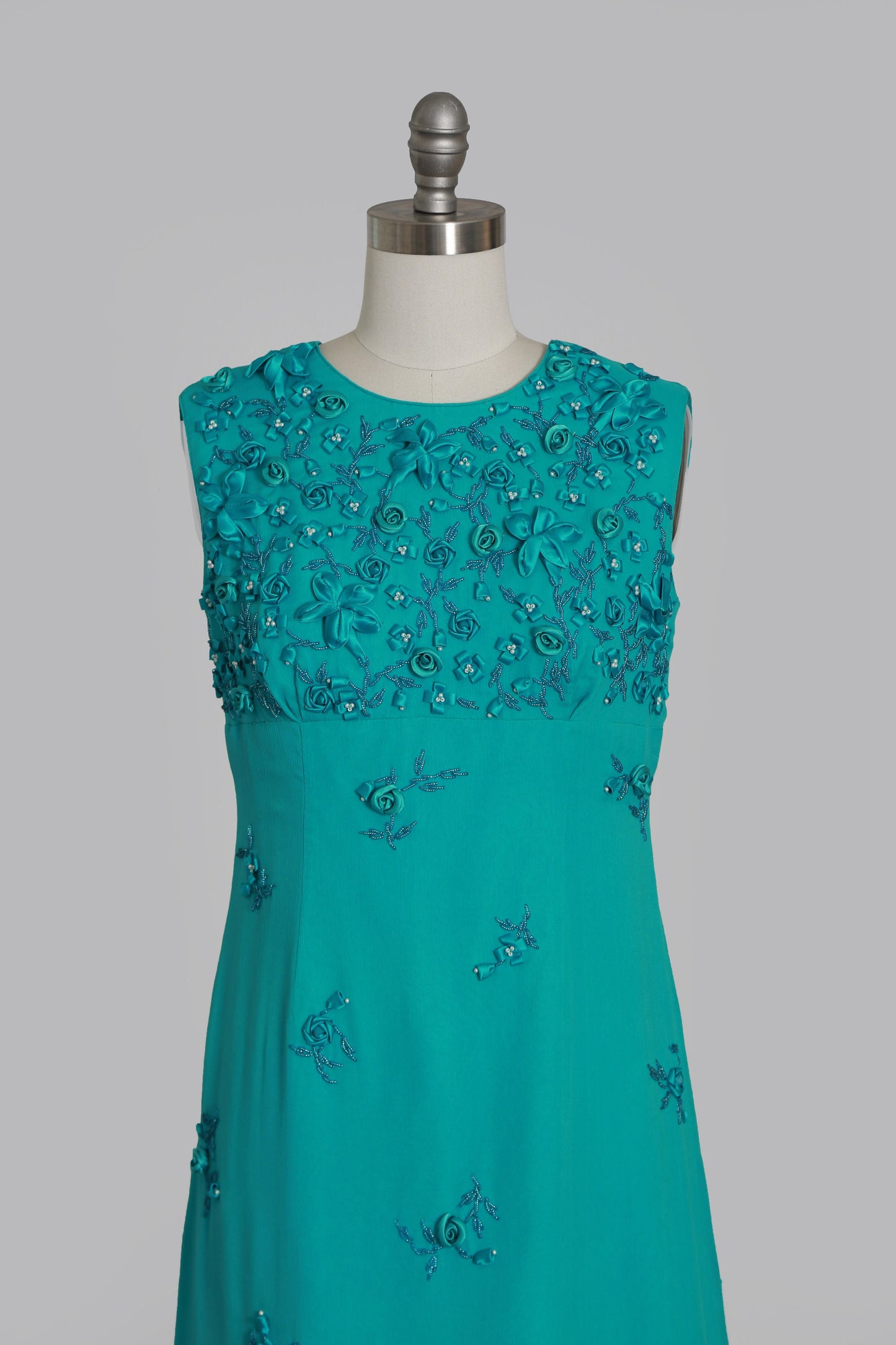 Vintage 60s blue silk hand beaded 3D floral maxi dress
