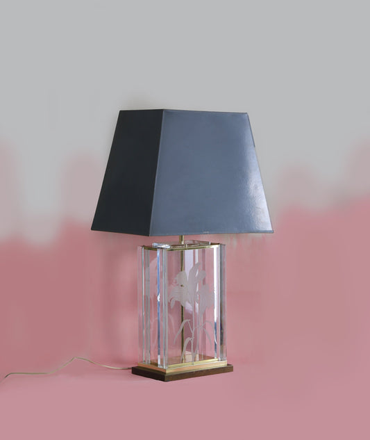 Vintage Fredrick Ramond signed Hollywood Regency acrylic floral etched glass lamp