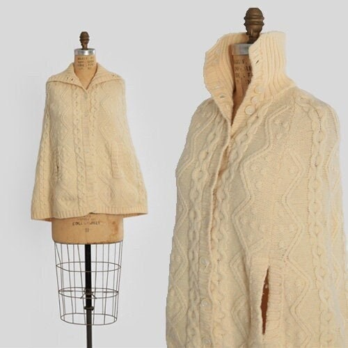 60s knit wool cape sweater | Vintage 60s hand loomed cable knit wool cape