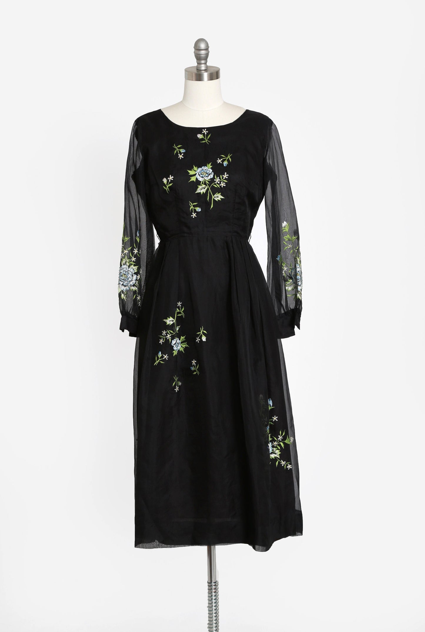 50s Chiffon dress | Vintage 1950s black embroidered beaded sequin dress