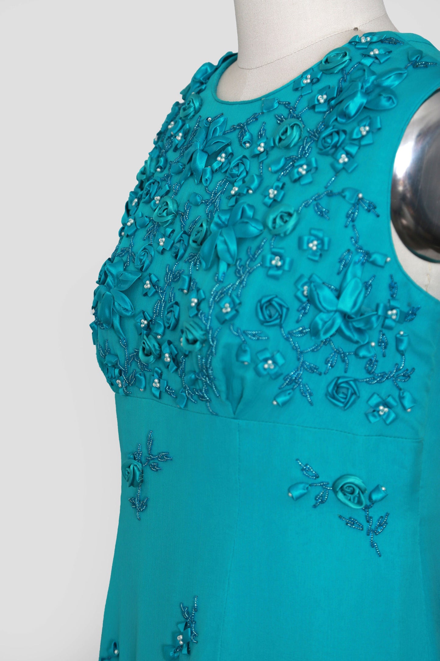 Vintage 60s blue silk hand beaded 3D floral maxi dress