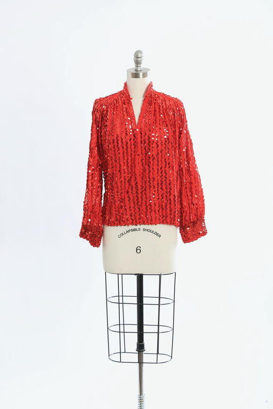 70s Red Sequin Ann Green blouse made in England