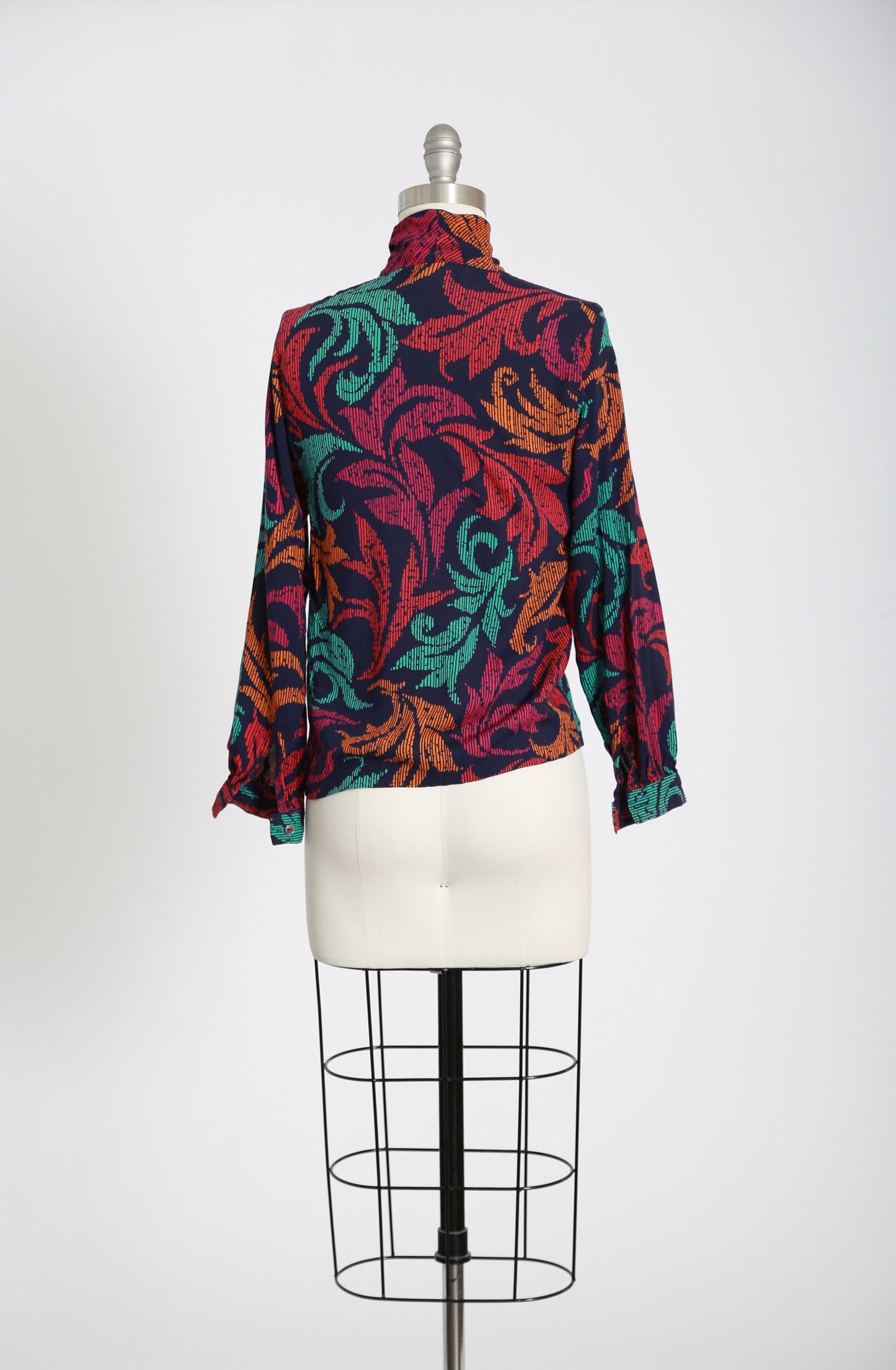 Vintage 80s rayon rainbow leaf ascot bow blouse