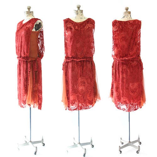 20s SILK velvet dress | Antique vintage 1920s Art deco orange velvet drop waist dress