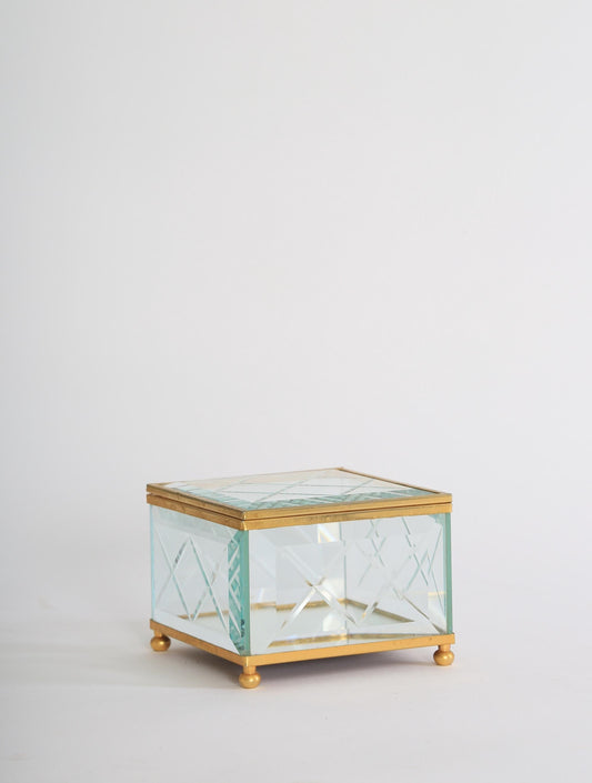 Vintage cut glass brass Jewelry Casket Box