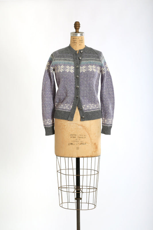 Vintage 80s purple Nordic snowflake knit wool cardigan sweater M