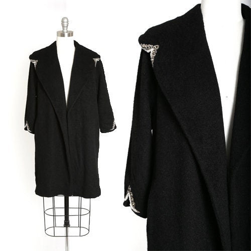 40s beaded coat | Vintage 40s black mohair wool coat | 1940s hand beaded swing coat