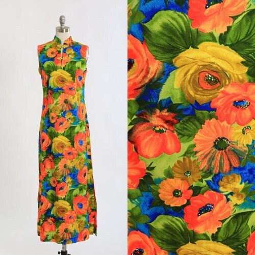Vintage 1960s 70s Neon floral barkcloth maxi dress