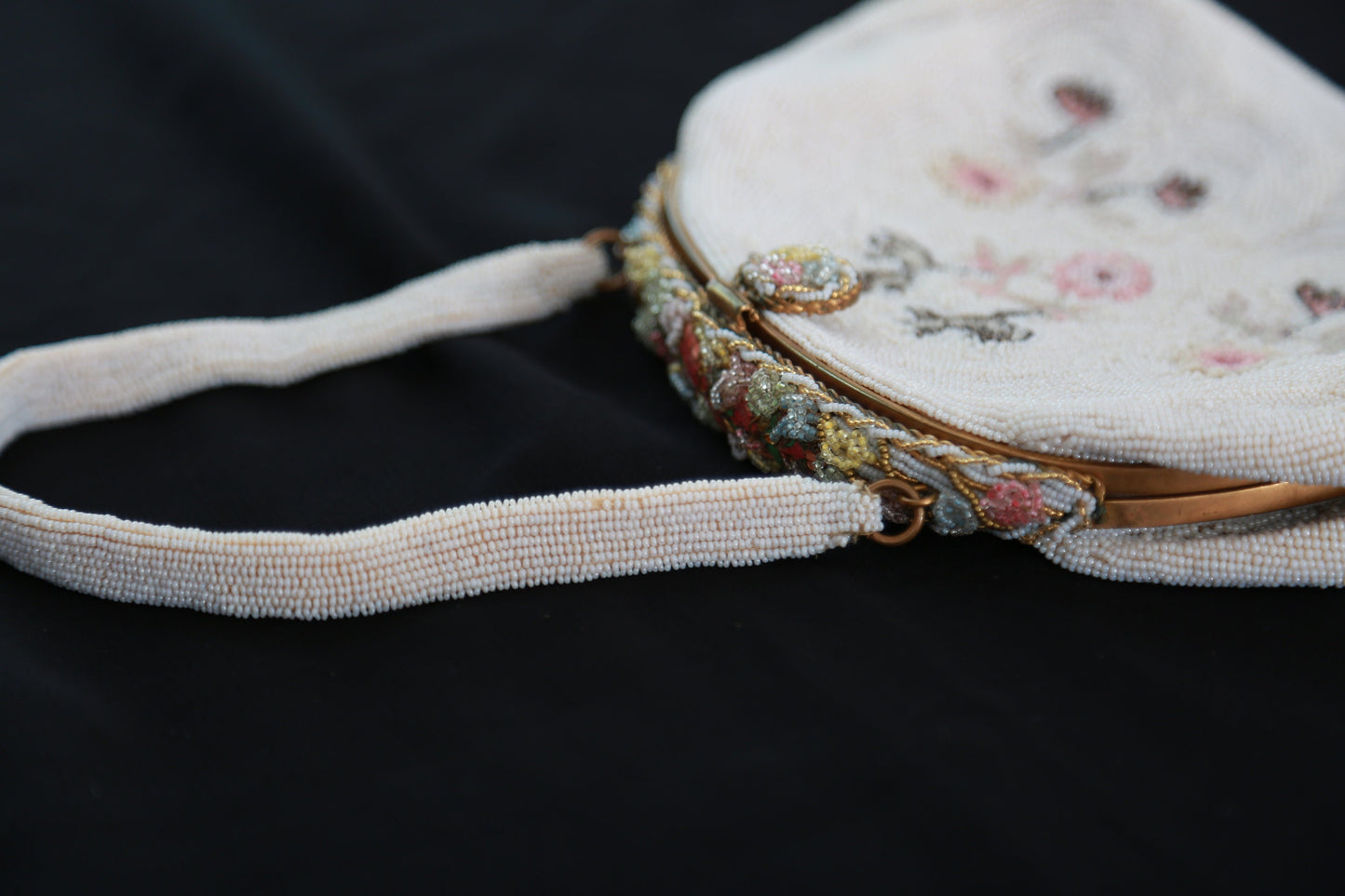Antique vintage 1930s French micro glass hand beaded floral enameled purse
