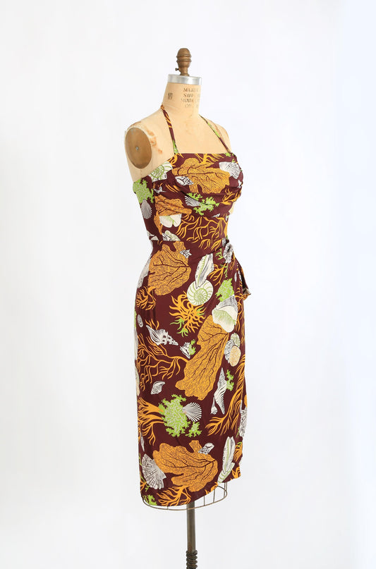 40s Kamehameha dress | Vintage 1940s tropical Hawaiian underwater rayon wiggle dress