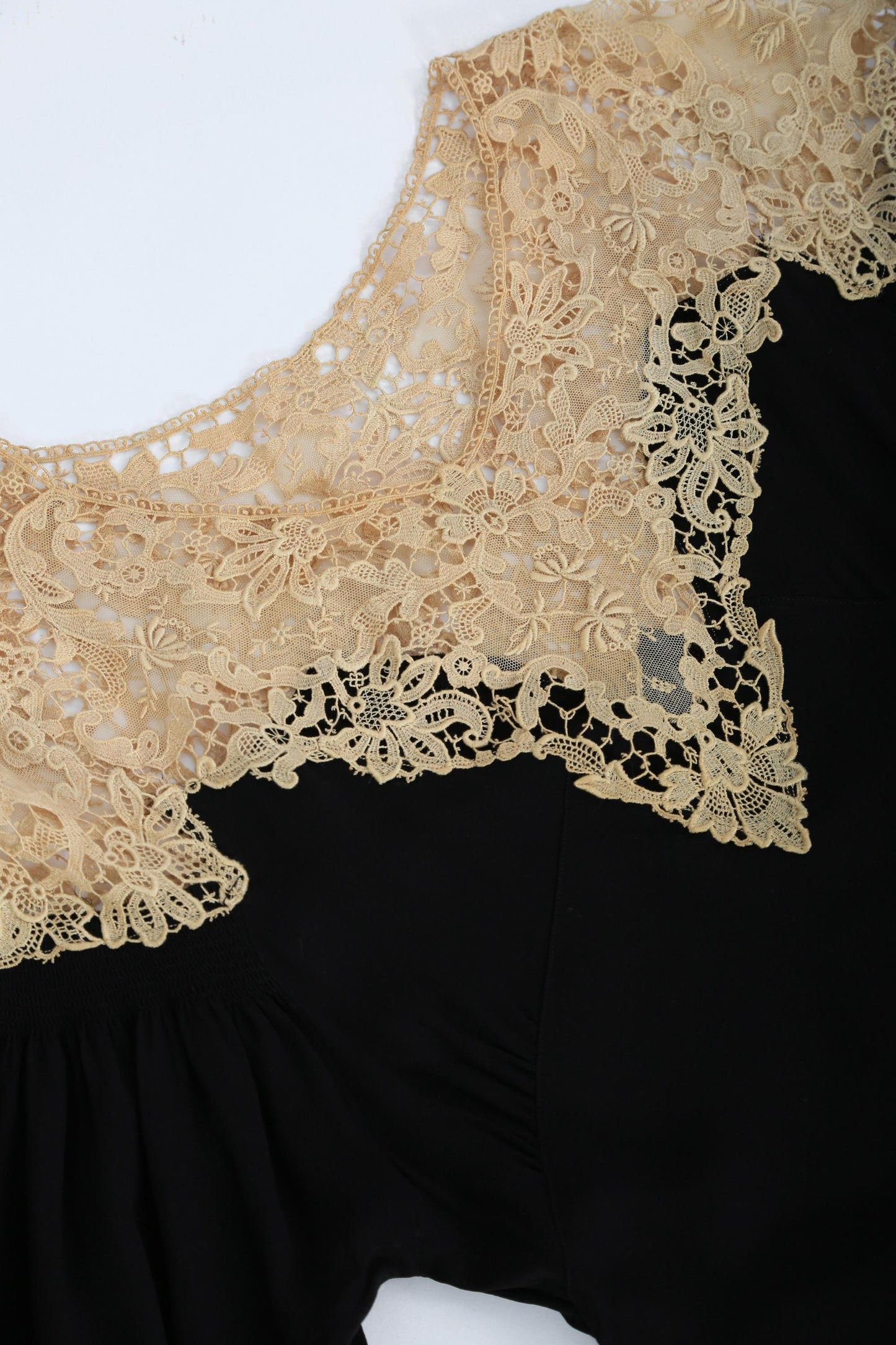 Antique Vintage 1930s bias cut black floral crochet lace puff sleeve dress