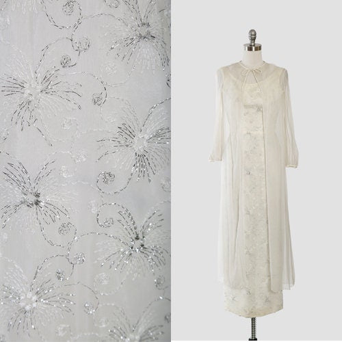 Vintage 60s silver lurex firework silk shift dress + sheer silk duster