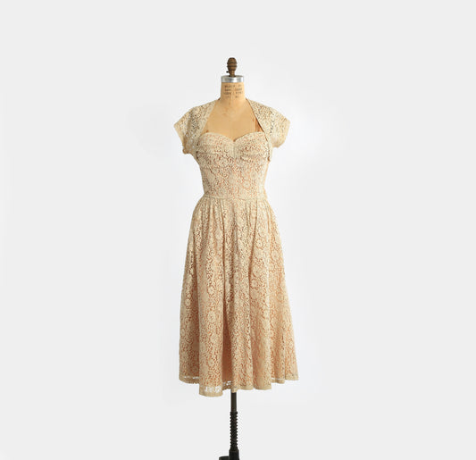 50s nude lace dress | 1950s Lorrie Deb floral lace 2pc dress