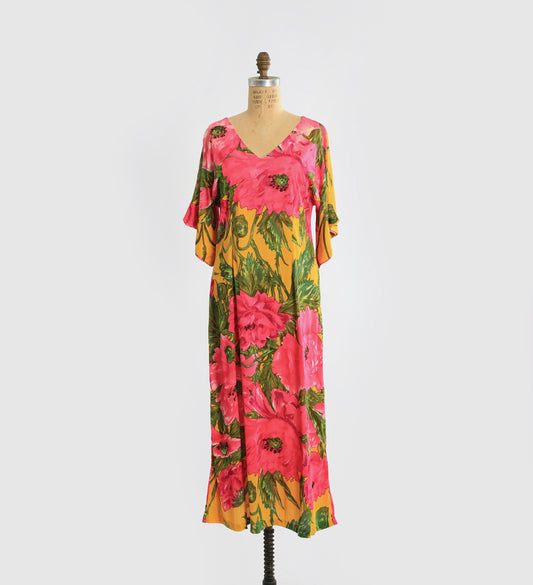 Vintage 60s neon floral Psychedelic nylon maxi dress