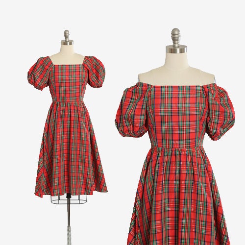 Vintage 80s Red plaid puff sleeve satin dress