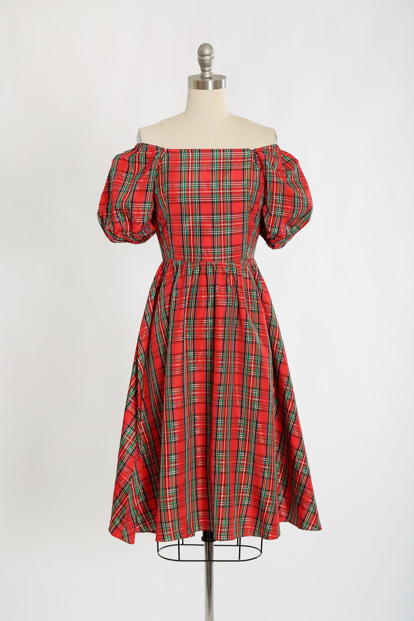 Vintage 80s Red plaid puff sleeve satin dress