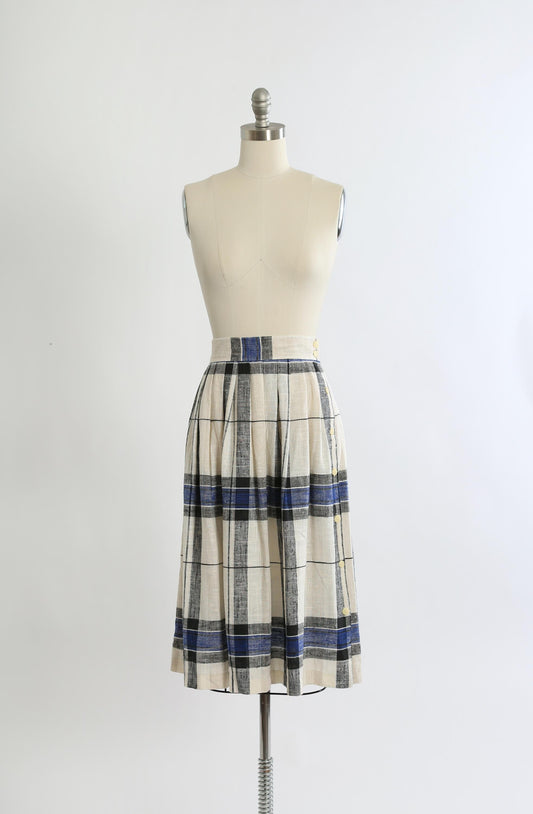 Vintage 80s 90s blue + white  plaid woven skirt