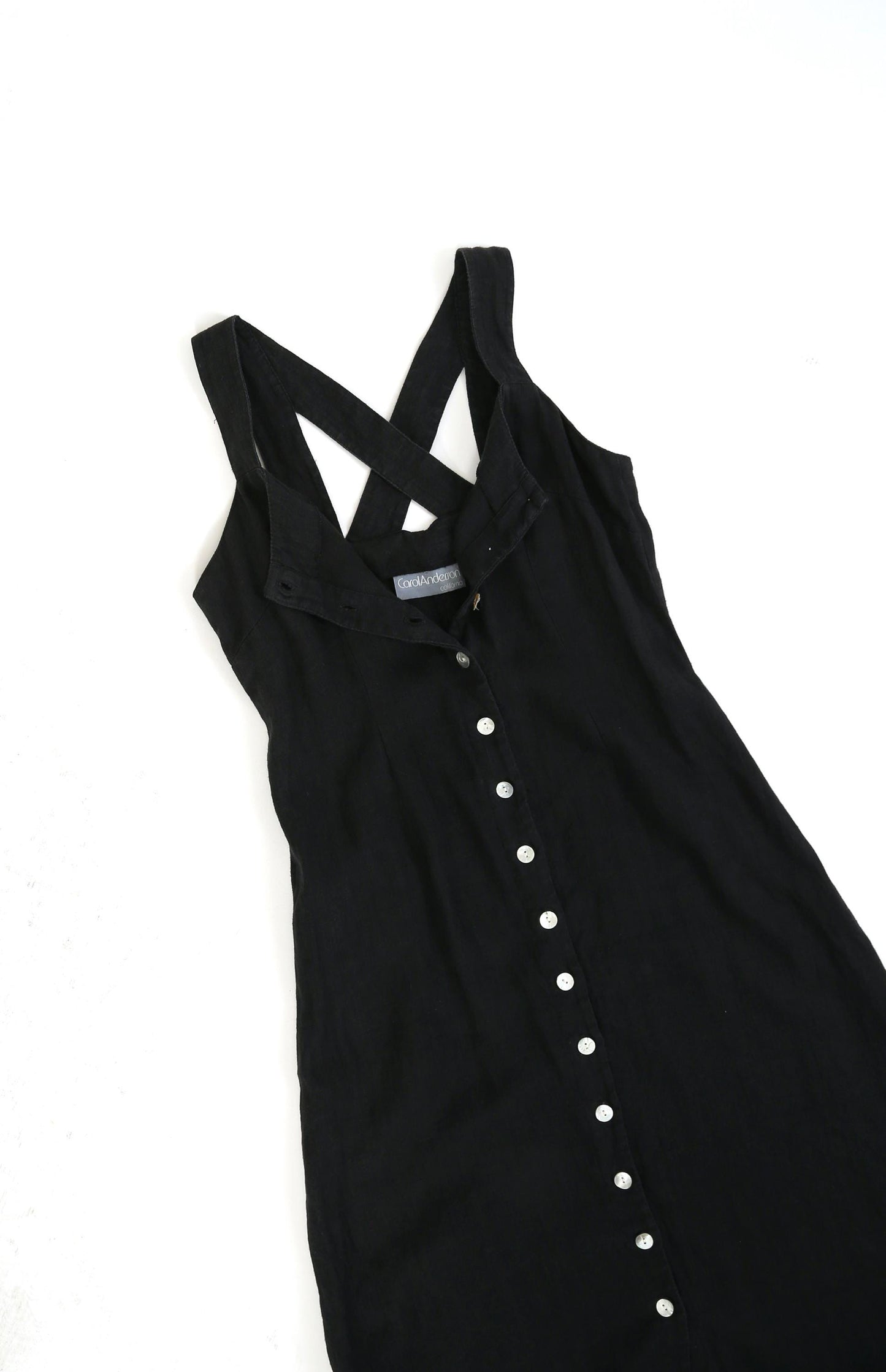 Vintage 90s black linen strappy back maxi dress