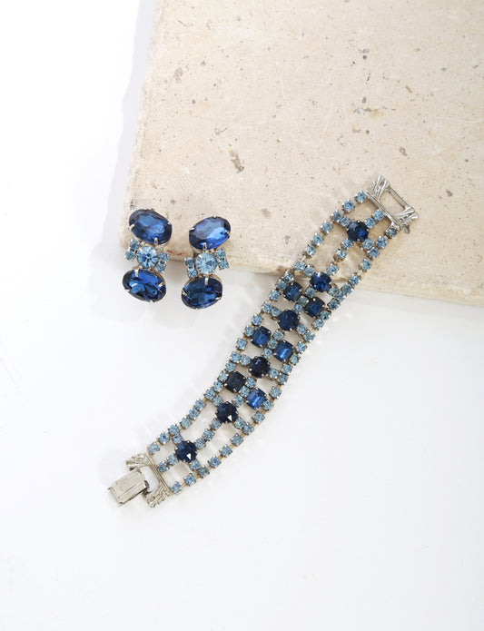 Vintage 50s blue glass rhinestone bracelet + earrings