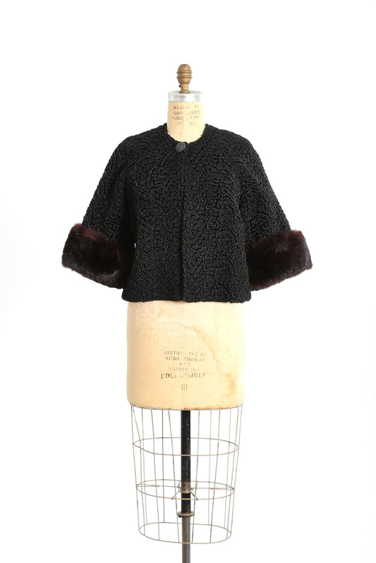 50s faux Persian lamb rabbit fur coat | Vintage 1950s cropped black faux Persian curly Lamb coat + large rabbit fur cuffs