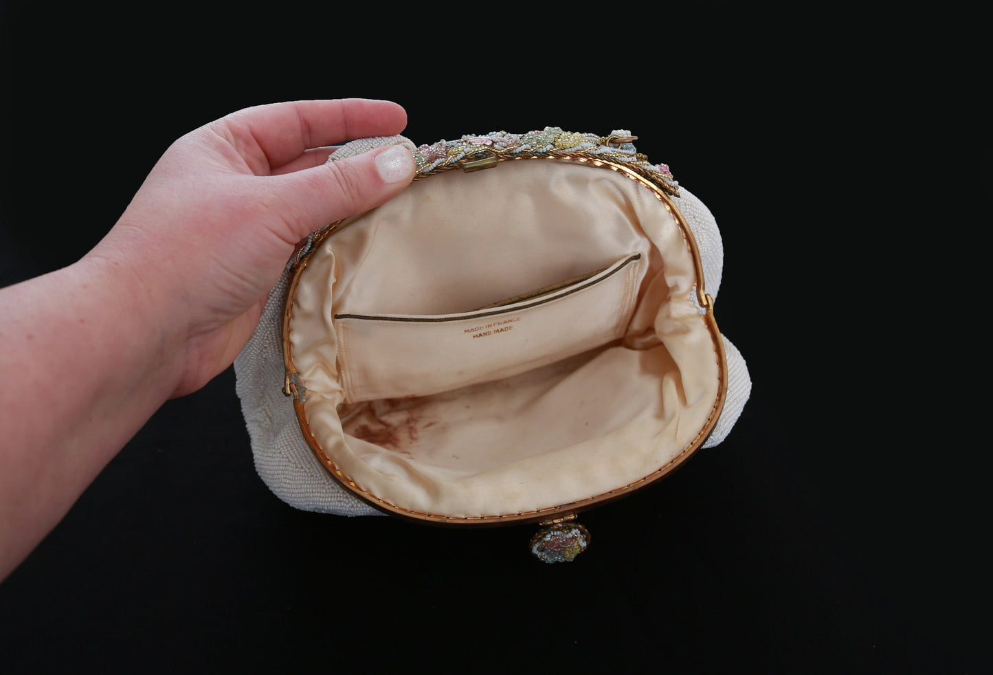 Antique vintage 1930s French micro glass hand beaded floral enameled purse