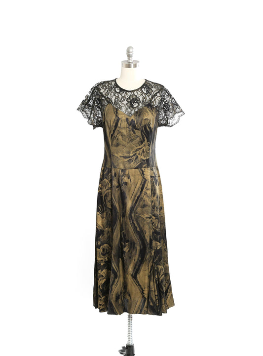 90s Carole Little black gold floral lace maxi dress