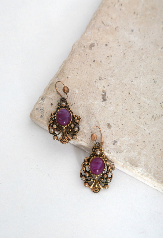 60s chandelier earrings | Vintage 1960s ornate gold tone purple drop earrings