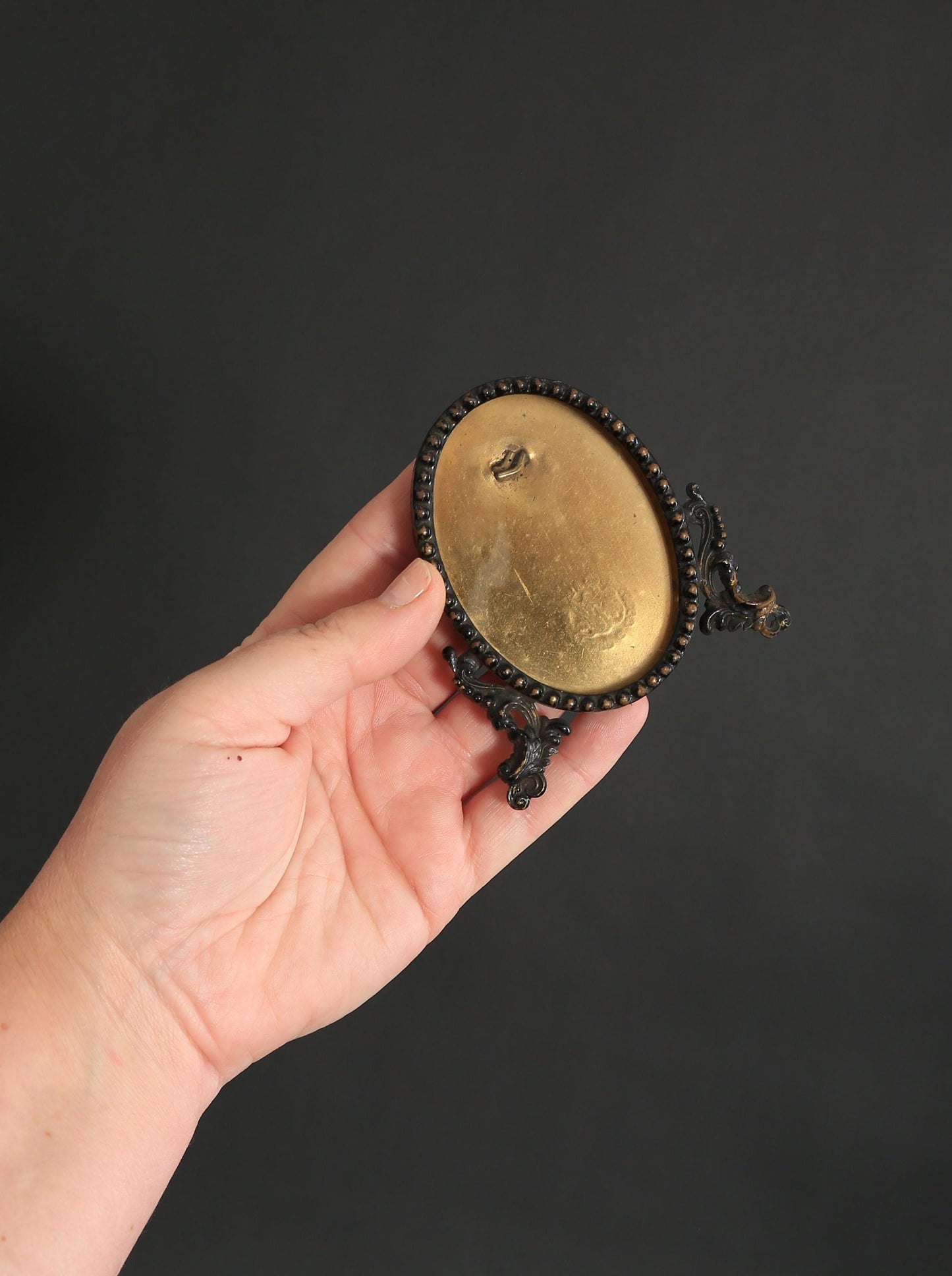 Antique Vintage 19th Century gold plated oval miniature glass Picture Frame easel