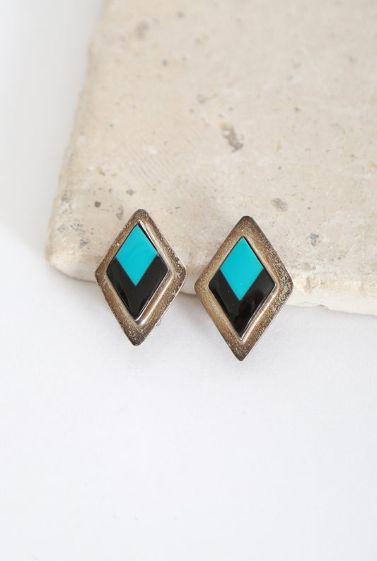 Vintage Sterling Silver Turquoise Onyx Mexican diamond clip on earrings