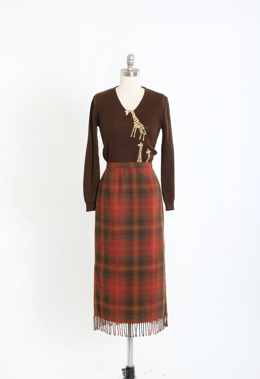 90s Orange houndstooth plaid fringe skirt